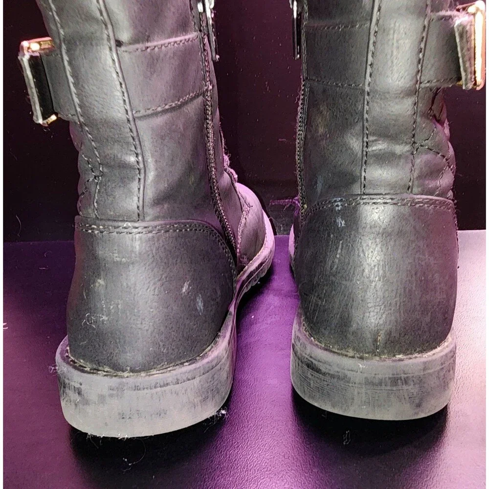 The Childrens Place Black Quilted Combat Boots Side Zip Gold Buckle Size 1‎